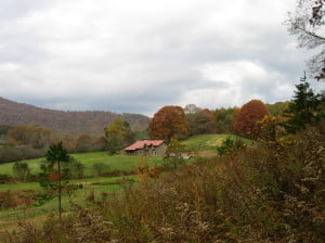 Distant shot of Stonewall Creek cabin with fields and forested hills around it